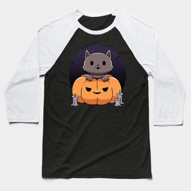 Cat in a Pumpkin Baseball T-Shirt by DreamstateStudios